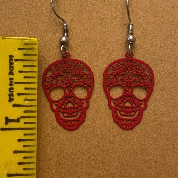 Red Sugar Skull Dangle Earrings - Picture 3 of 3